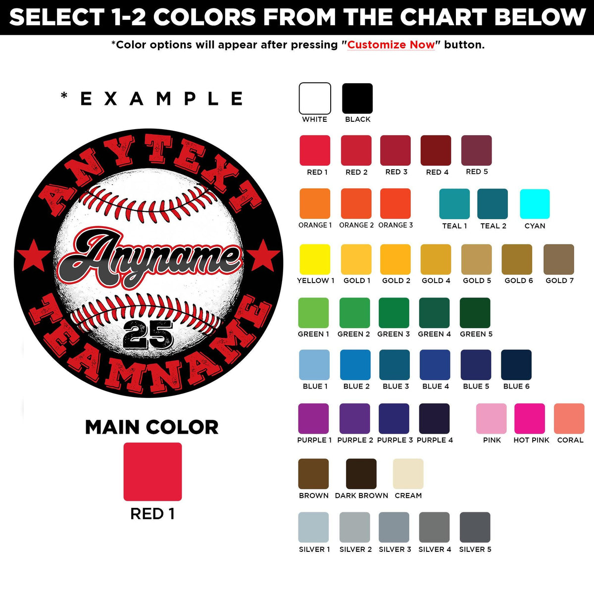 Custom round baseball team sticker with a name, number and team text – view 2