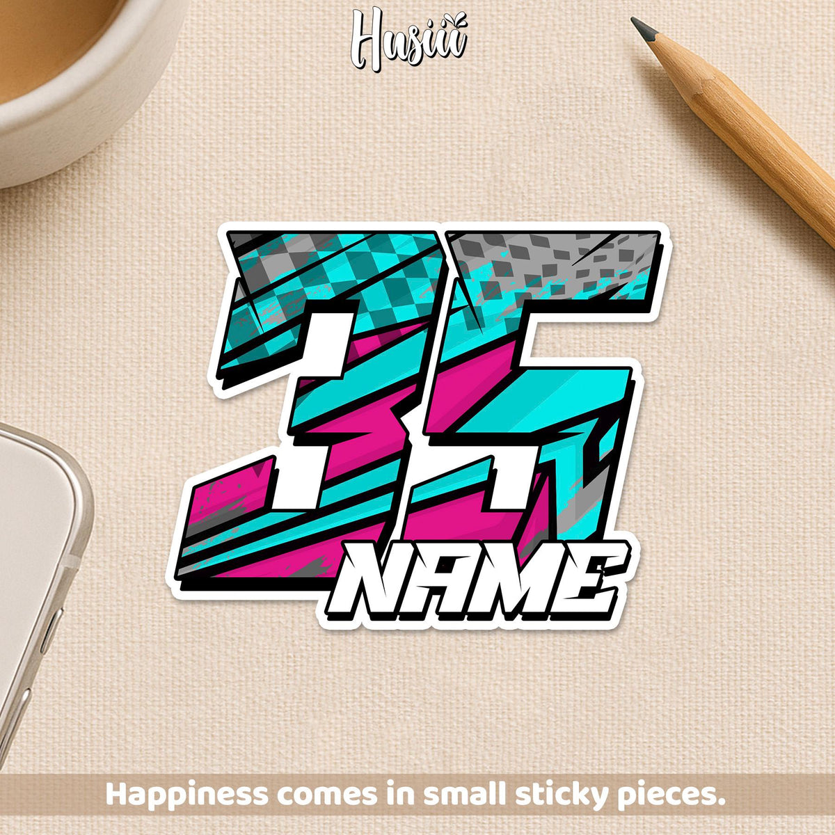 Custom lightning dirt bike sticker with a name and number