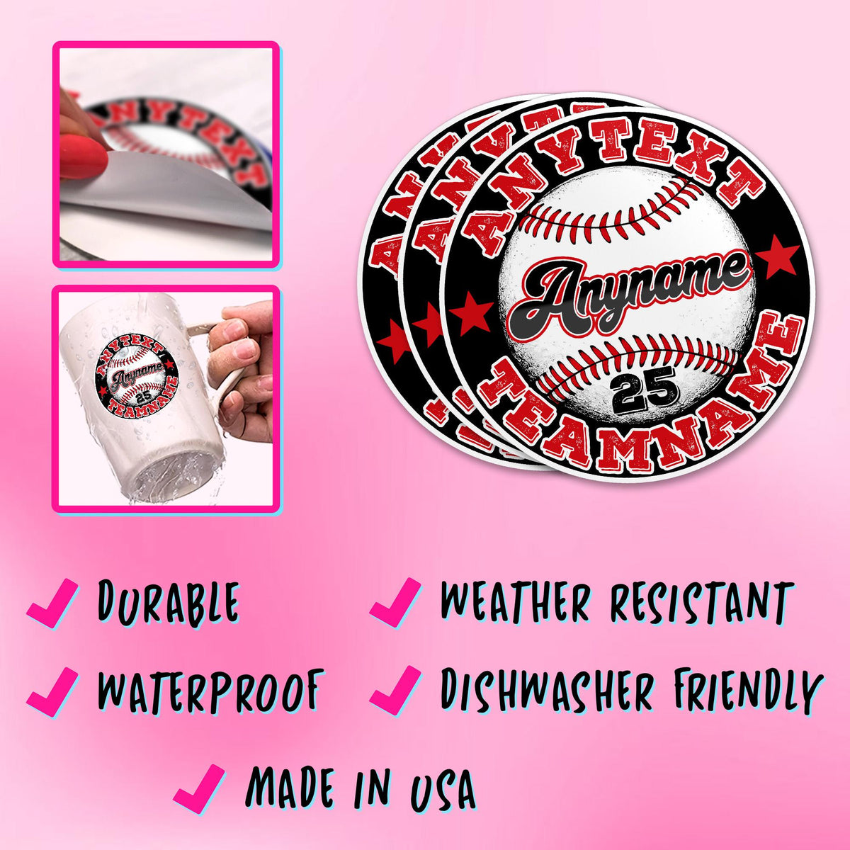 Custom round baseball team sticker with a name, number and team text – view 6