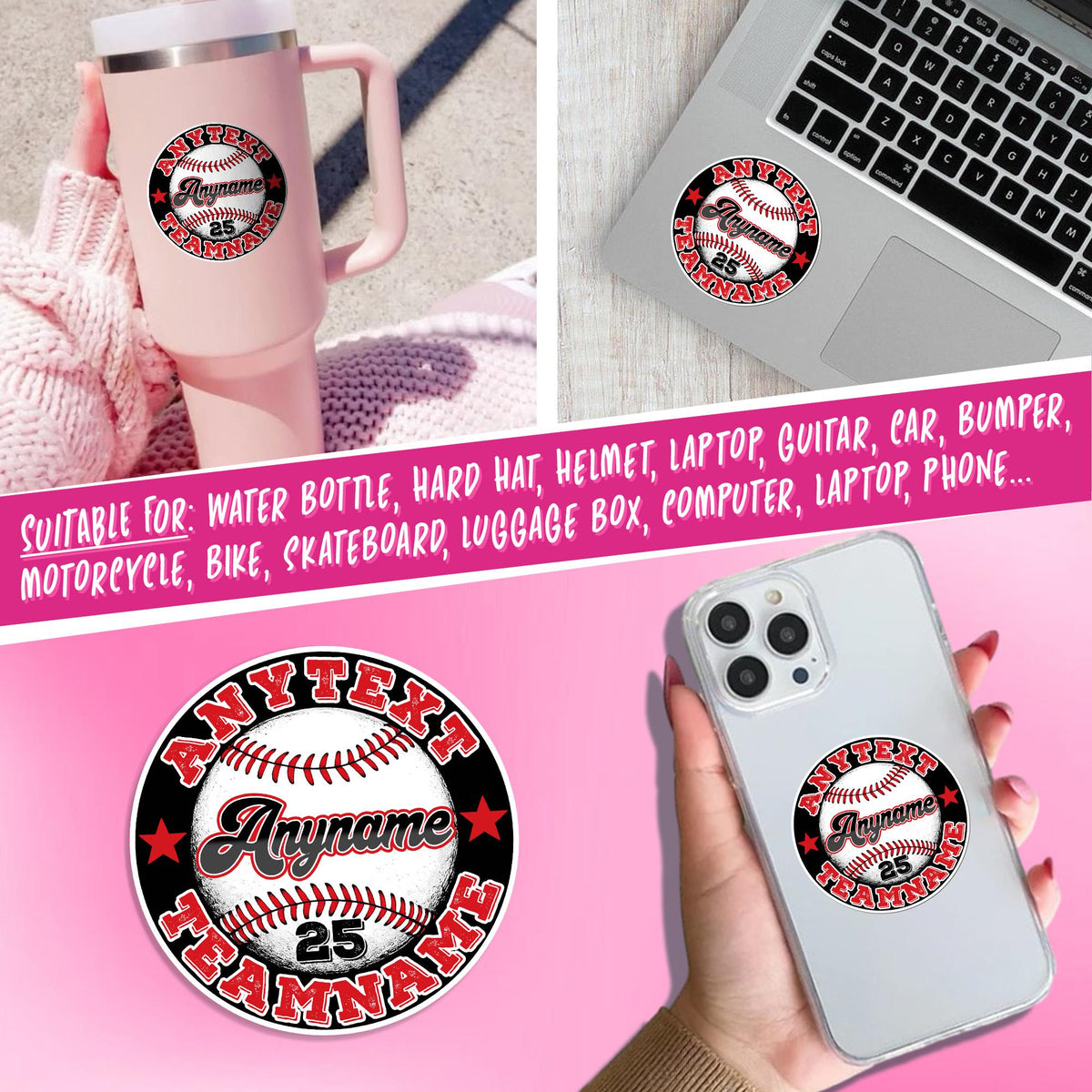 Custom round baseball team sticker with a name, number and team text – view 7