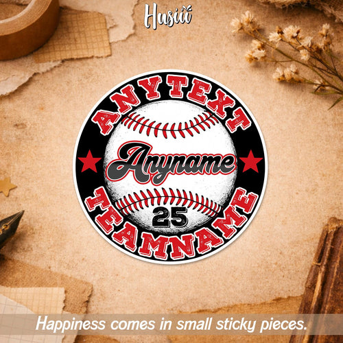 Custom round baseball team sticker with a name, number and team text