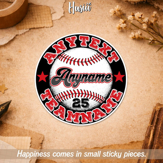 Custom round baseball team sticker with a name, number and team text