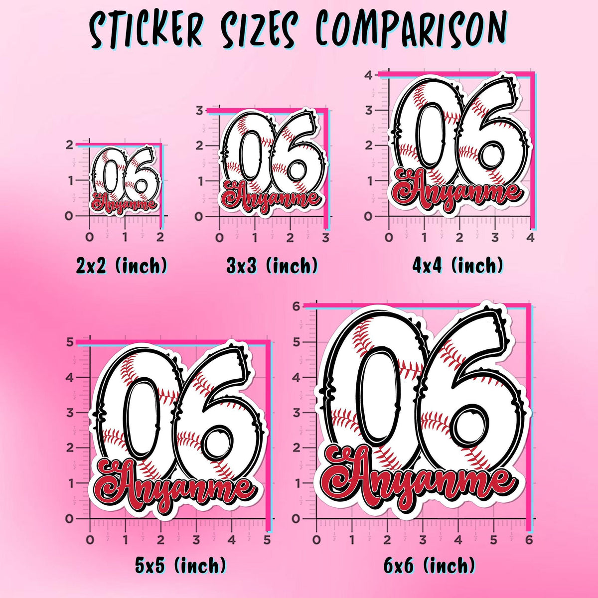 Custom baseball sticker with a stitched number and red script name – view 3
