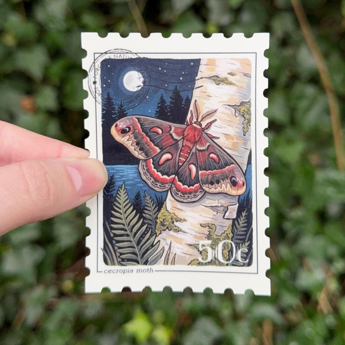 Cecropia Moth Stamp sticker, vintage postage stamp design