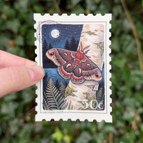 Cecropia Moth Stamp sticker, vintage postage stamp design