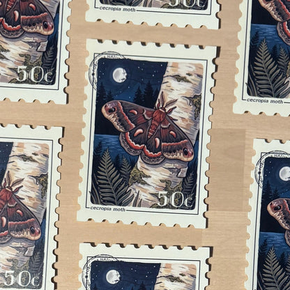 Cecropia Moth Stamp sticker, vintage postage stamp design – view 3