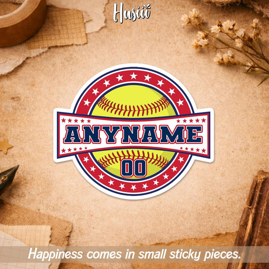 Custom baseball badge sticker with stars, a name and a number