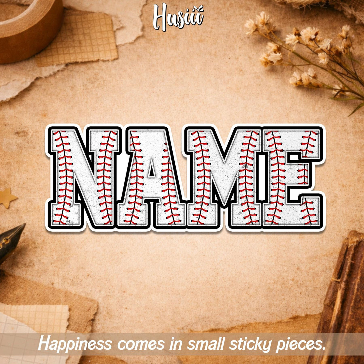 Custom name sticker in white block letters with red baseball stitching
