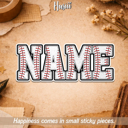 Custom name sticker in white block letters with red baseball stitching