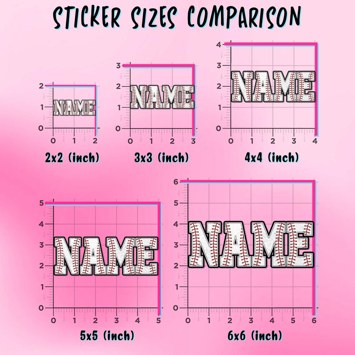 Custom name sticker in white block letters with red baseball stitching – view 2