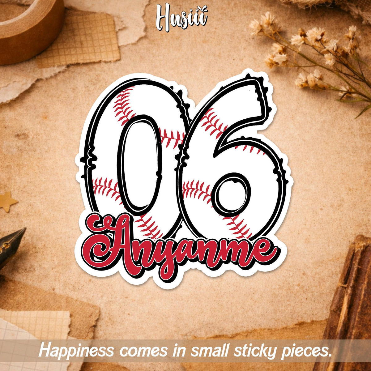 Custom baseball sticker with a stitched number and red script name