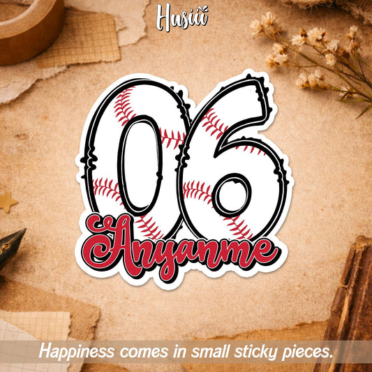 Custom baseball sticker with a stitched number and red script name