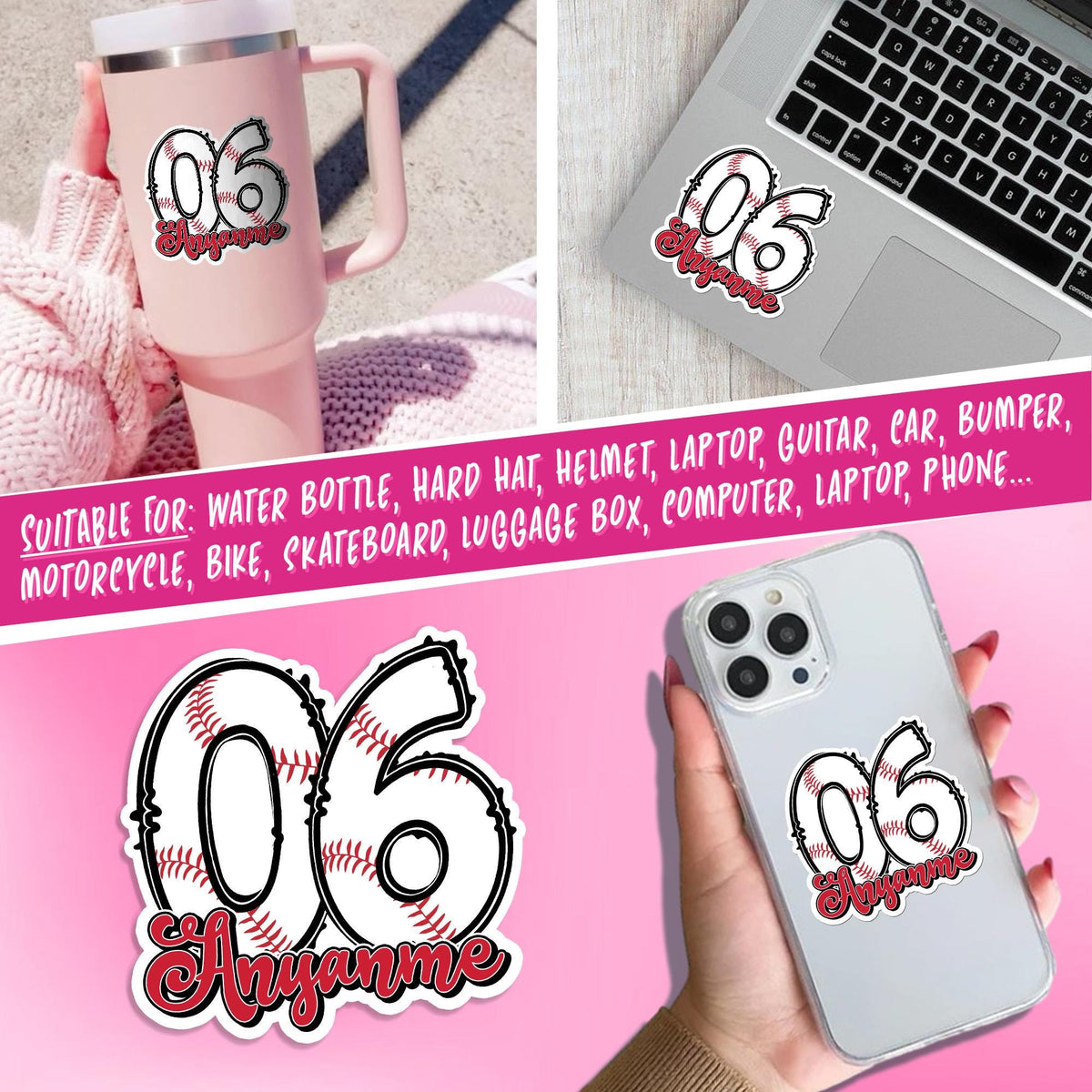 Custom baseball sticker with a stitched number and red script name – view 5