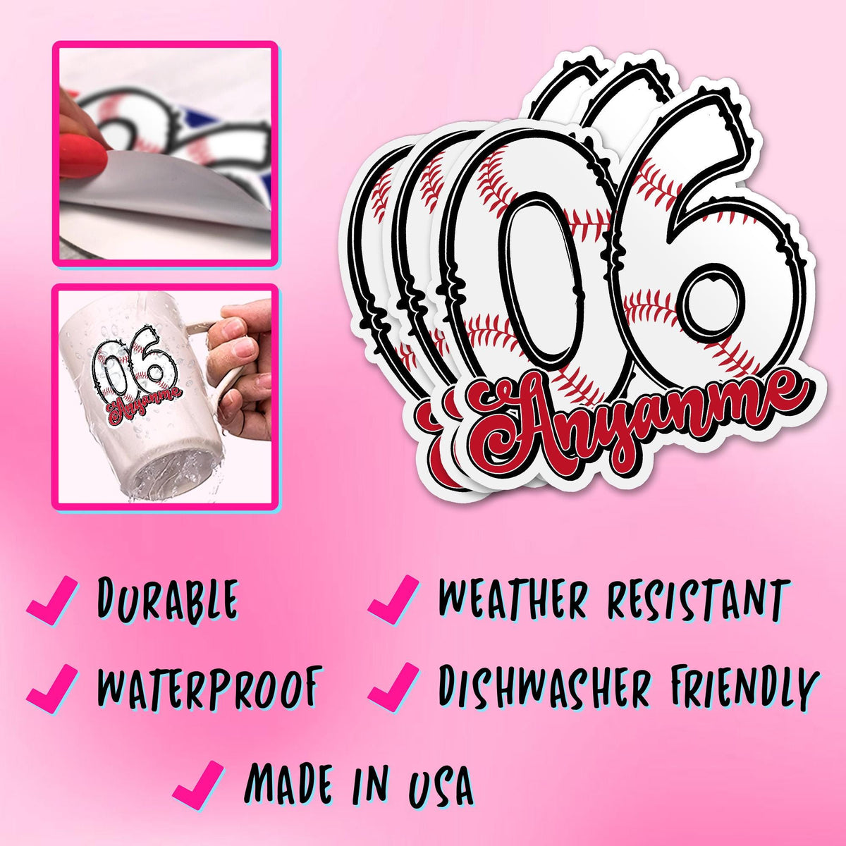 Custom baseball sticker with a stitched number and red script name – view 6