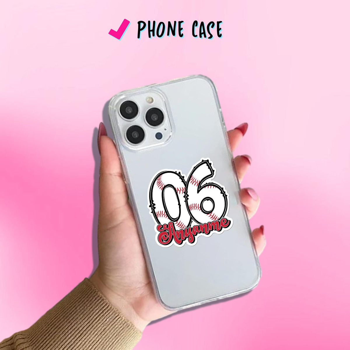 Custom baseball sticker with a stitched number and red script name – view 4