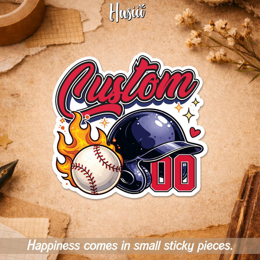 Custom baseball sticker with a flaming helmet, script name and number