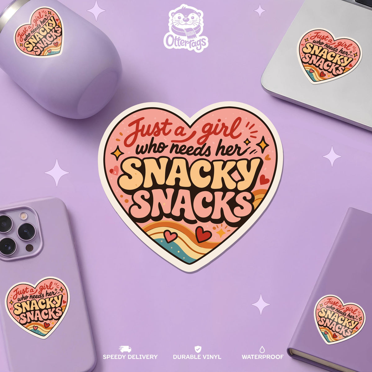 Just a Girl Who Needs Her Snacky Snacks sticker, retro food humor
