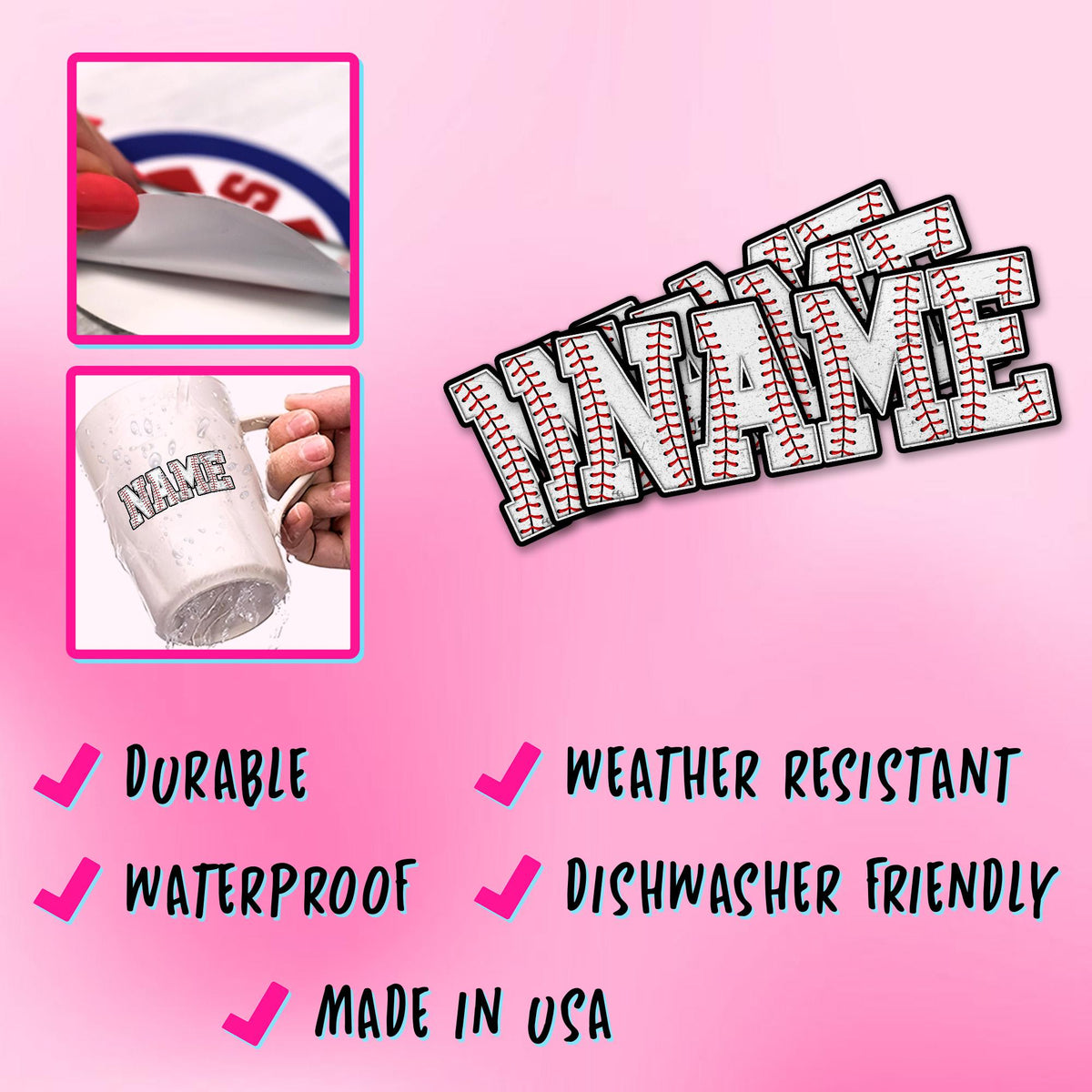 Custom name sticker in white block letters with red baseball stitching – view 5