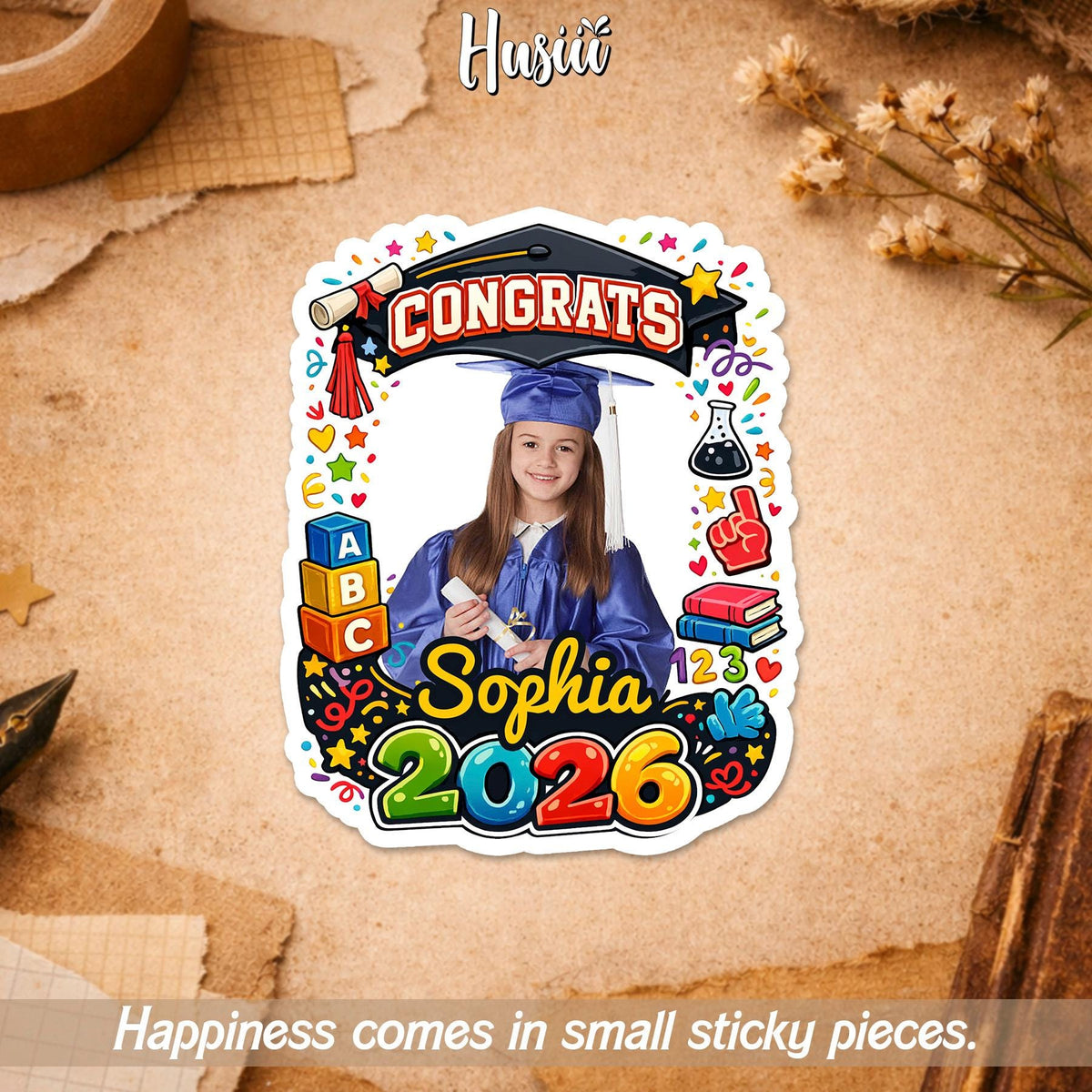Custom kindergarten graduation sticker with a photo, grad cap and name