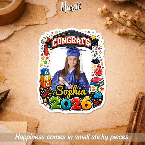 Custom kindergarten graduation sticker with a photo, grad cap and name