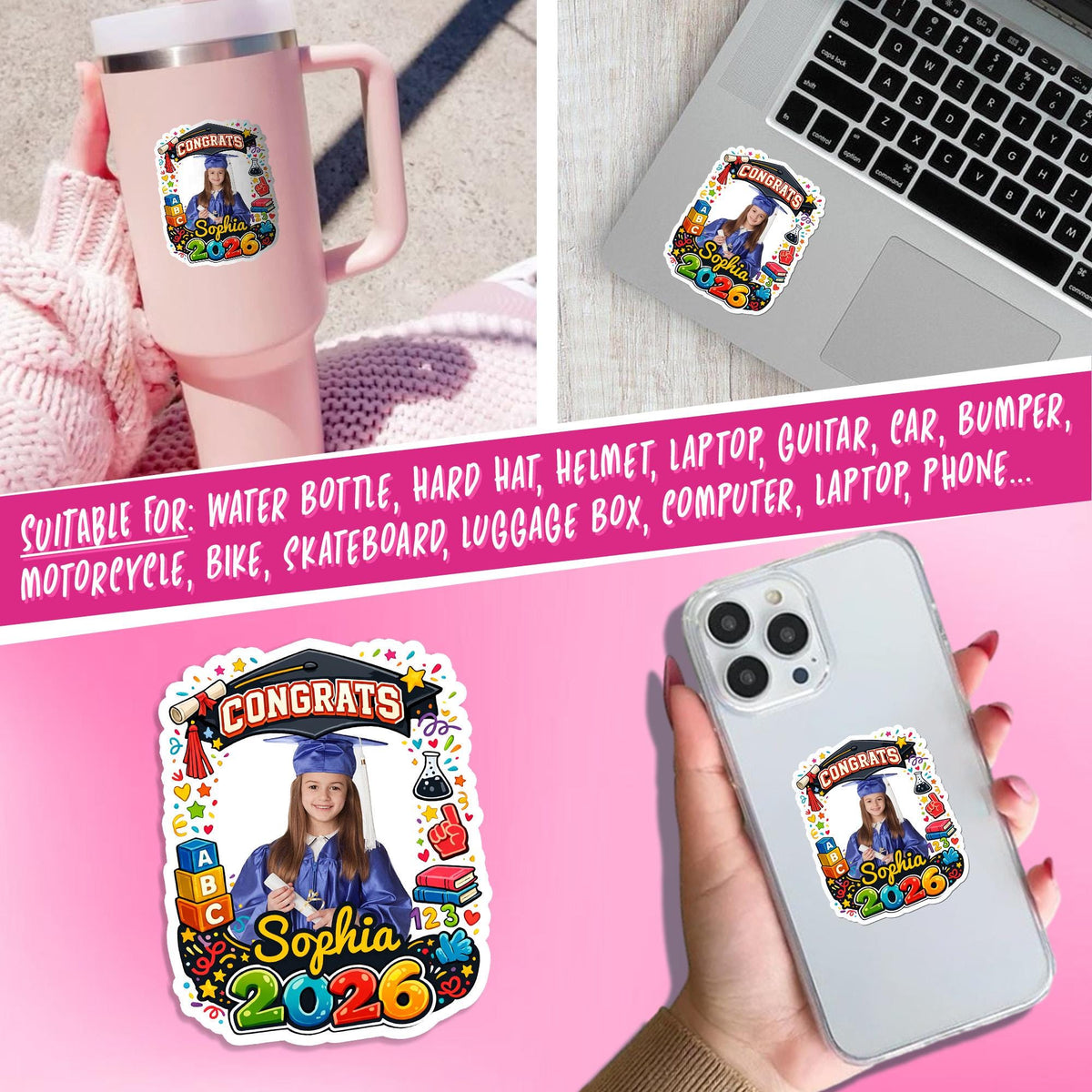 Custom kindergarten graduation sticker with a photo, grad cap and name – view 7