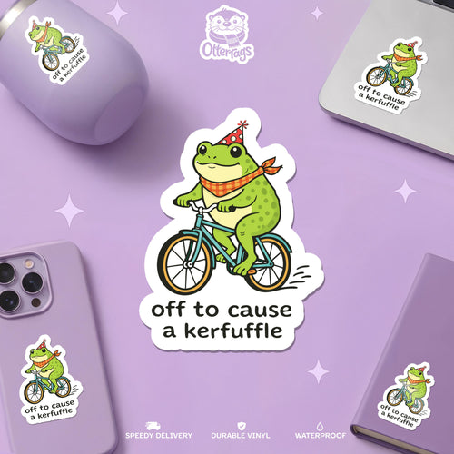 Off to Cause a Kerfuffle Frog sticker