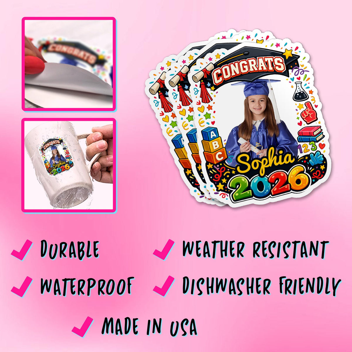 Custom kindergarten graduation sticker with a photo, grad cap and name – view 4