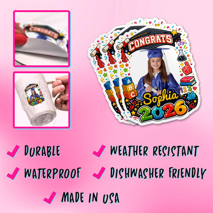 Custom kindergarten graduation sticker with a photo, grad cap and name – view 4