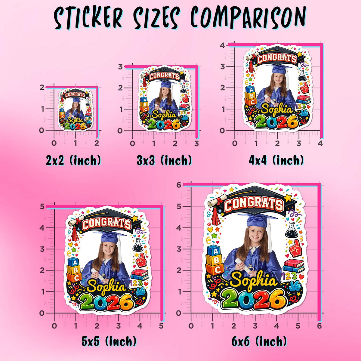 Custom kindergarten graduation sticker with a photo, grad cap and name – view 3