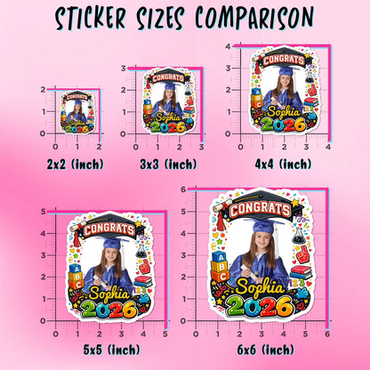 Custom kindergarten graduation sticker with a photo, grad cap and name – view 3