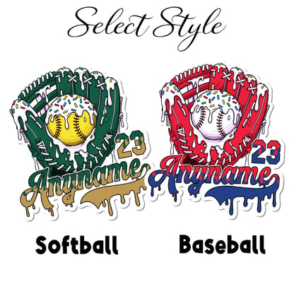 Custom drip sticker with a baseball or softball glove, name and number – view 2