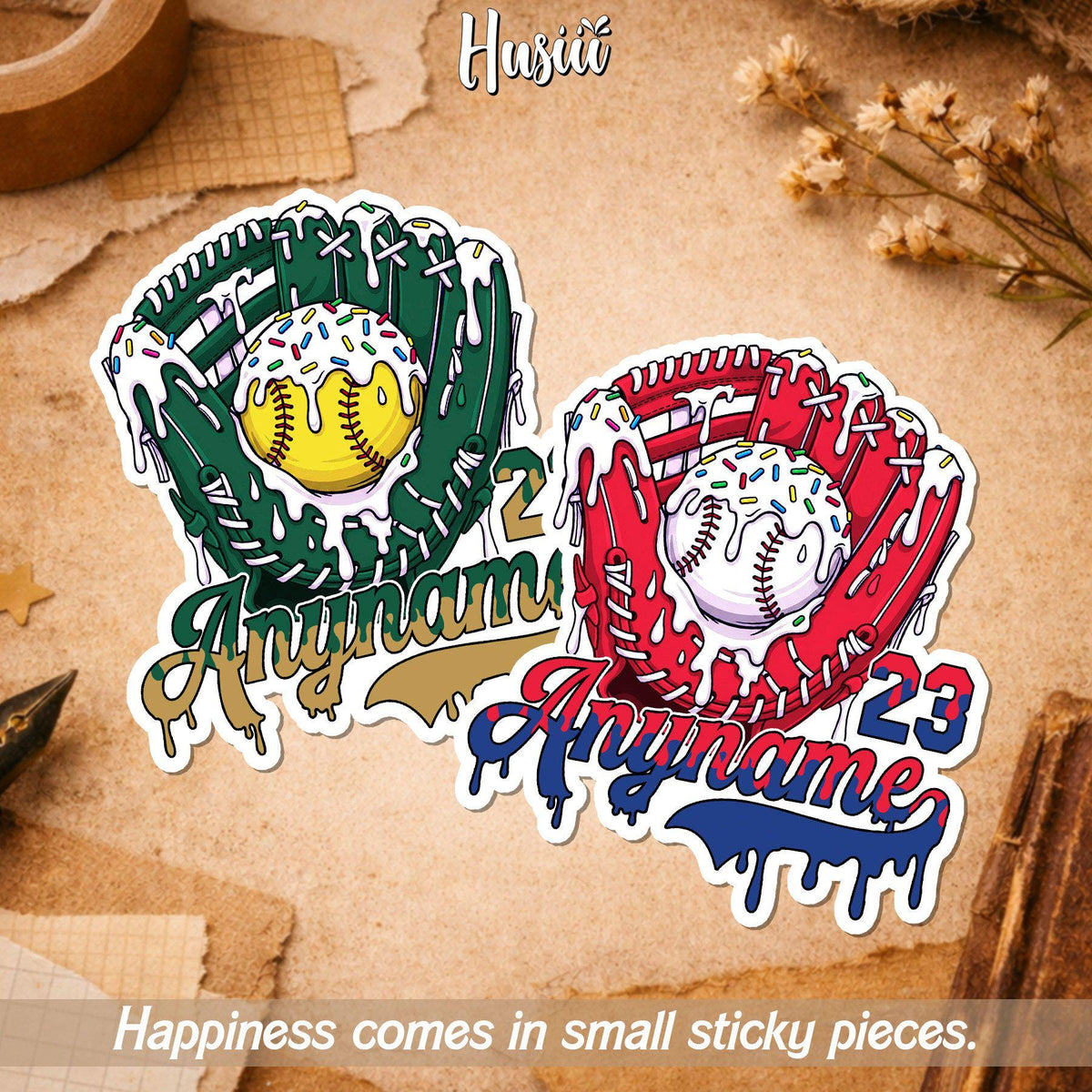 Custom drip sticker with a baseball or softball glove, name and number