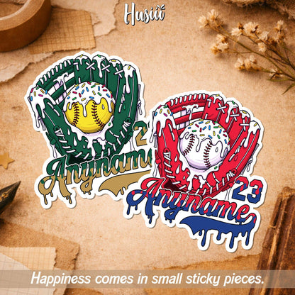 Custom drip sticker with a baseball or softball glove, name and number