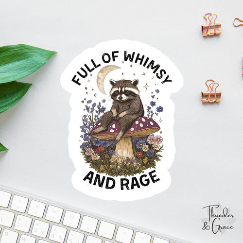 Full of Whimsy and Rage sticker, vintage raccoon