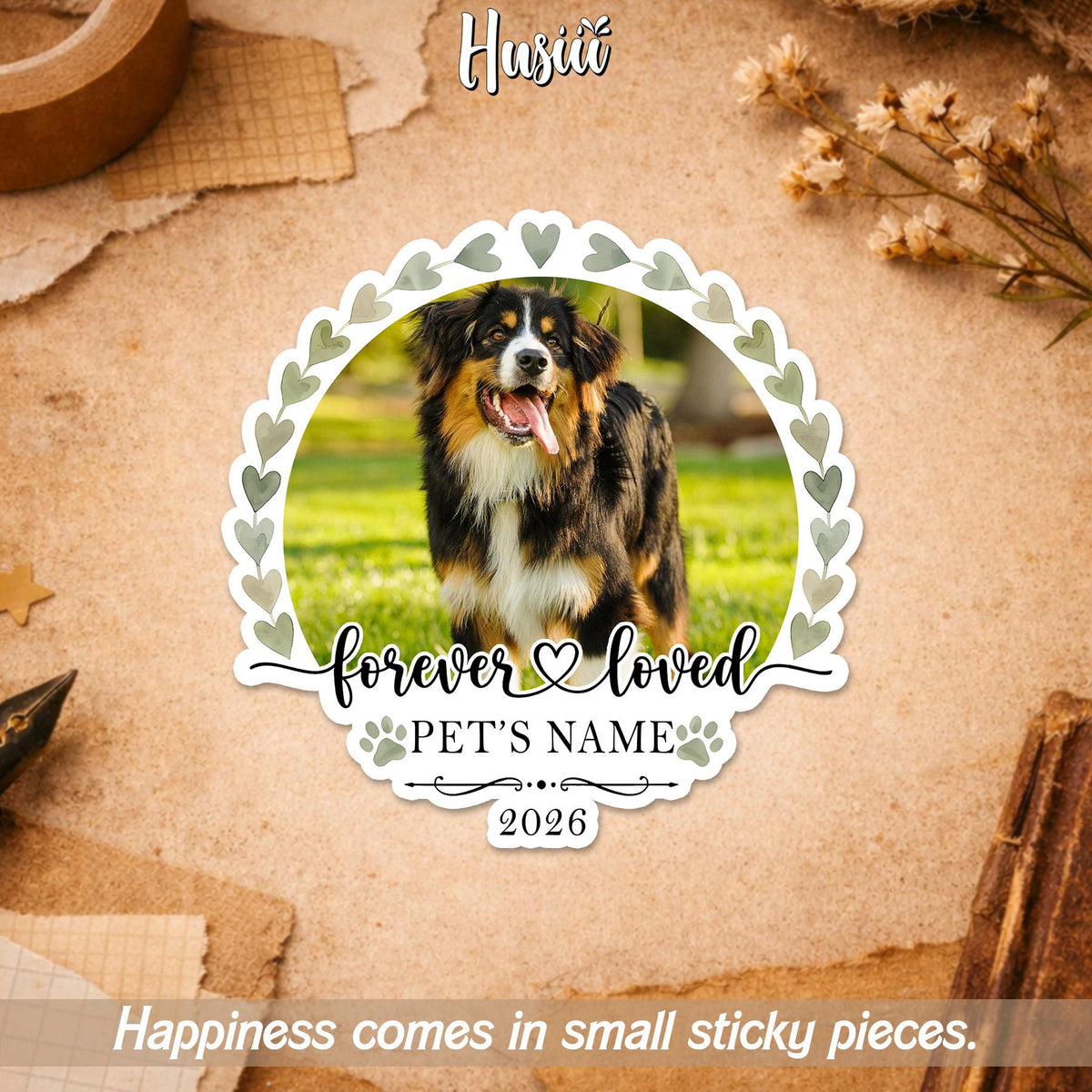 Custom pet memorial photo sticker with a name, years and Forever Loved