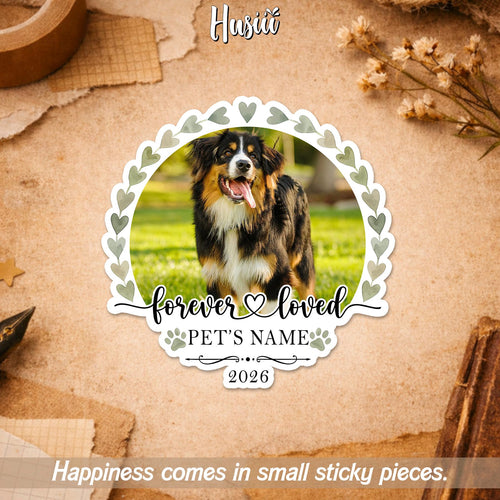 Custom pet memorial photo sticker with a name, years and Forever Loved