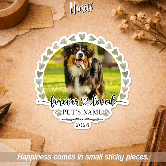 Custom pet memorial photo sticker with a name, years and Forever Loved