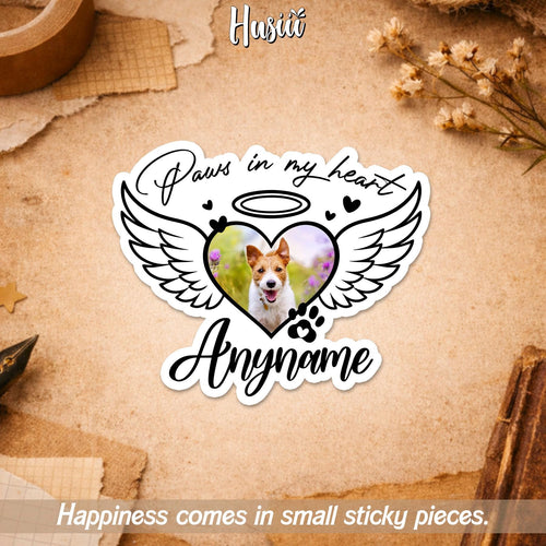 Custom pet memorial photo sticker with angel wings, a paw print and a name