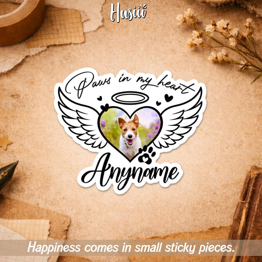 Custom pet memorial photo sticker with angel wings, a paw print and a name