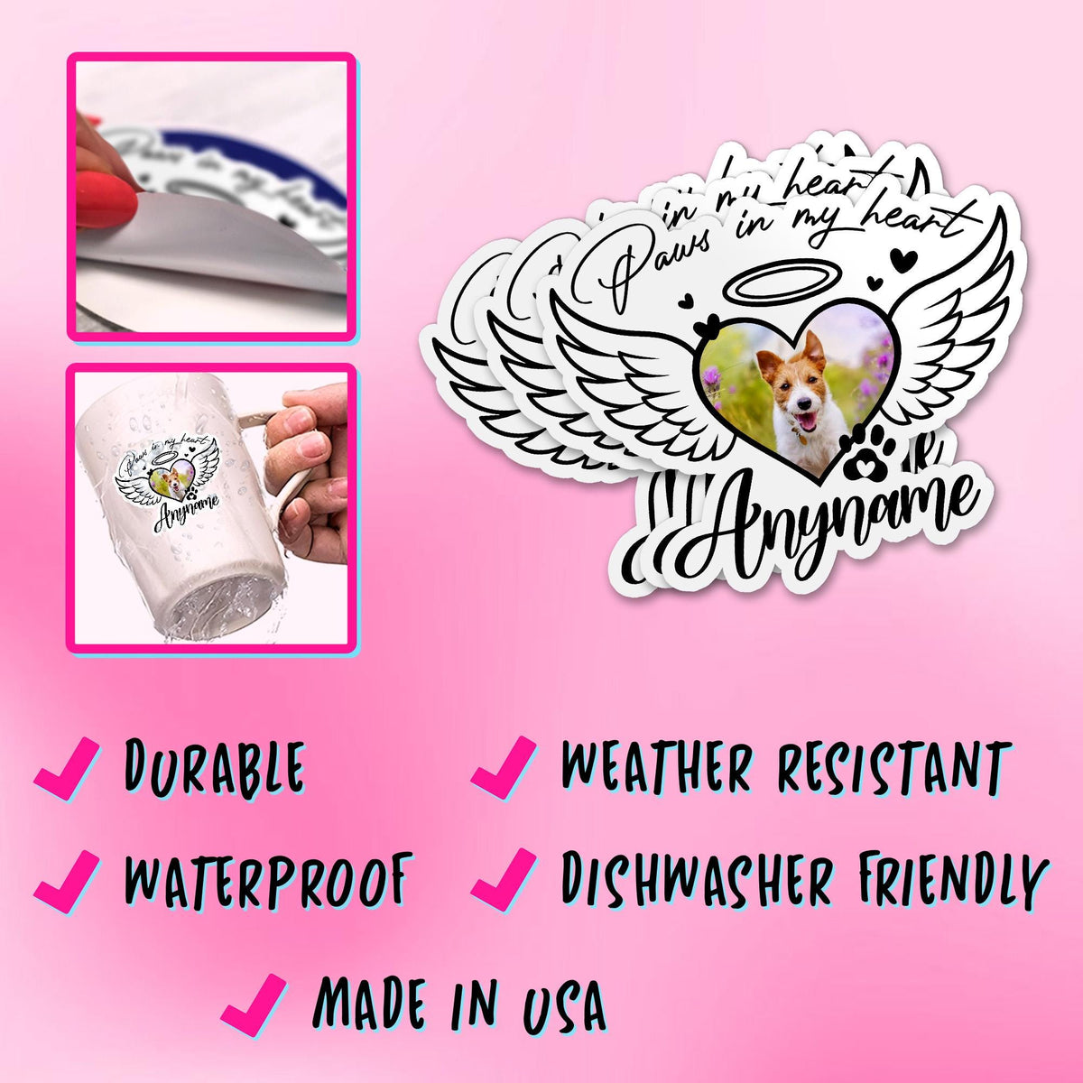 Custom pet memorial photo sticker with angel wings, a paw print and a name – view 3