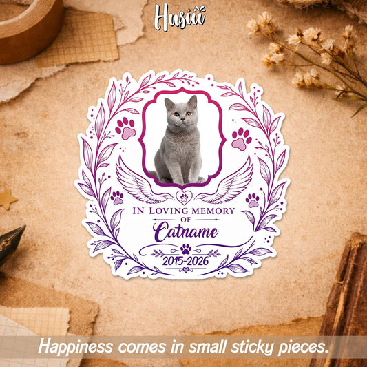 Custom In Loving Memory pet photo sticker with a name and years