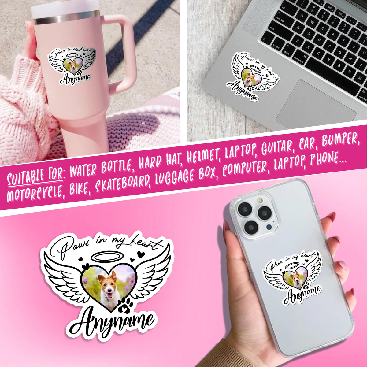 Custom pet memorial photo sticker with angel wings, a paw print and a name – view 5