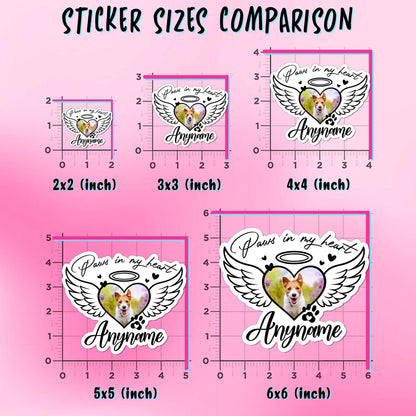 Custom pet memorial photo sticker with angel wings, a paw print and a name – view 2
