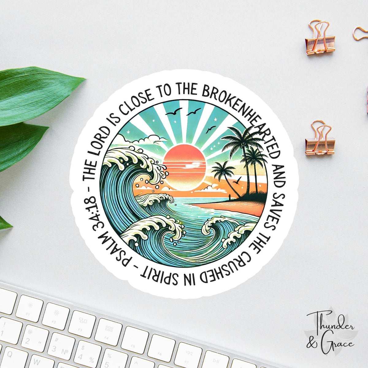 The Lord Is Close to the Brokenhearted sticker, retro beach sunset