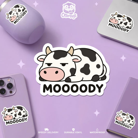 Funny Moody Cow sticker, ranchers and moody friends