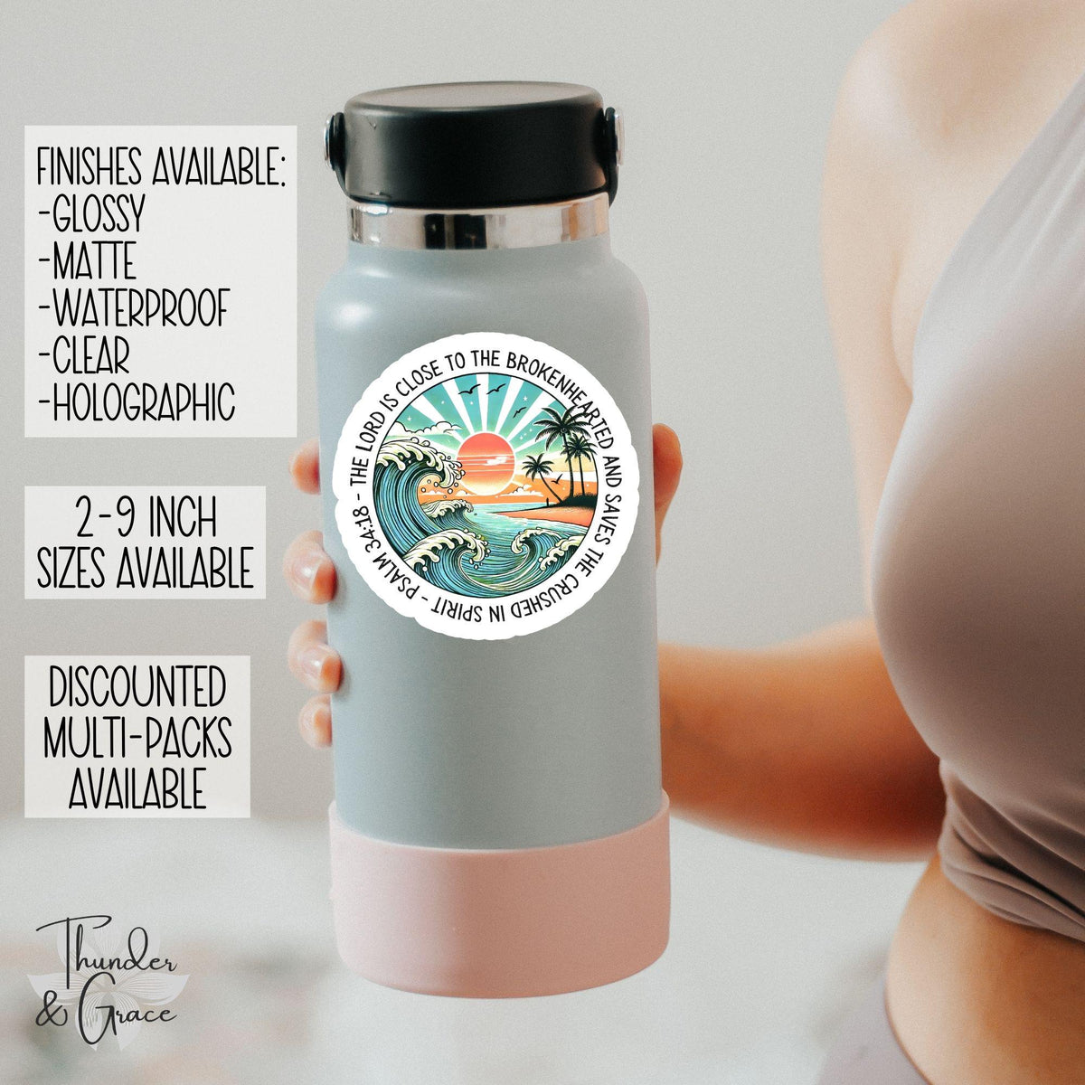 The Lord Is Close to the Brokenhearted sticker, retro beach sunset – view 2