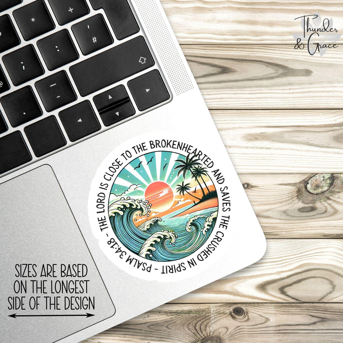 The Lord Is Close to the Brokenhearted sticker, retro beach sunset – view 3