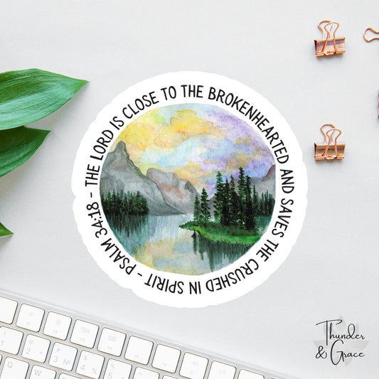 The Lord Is Close to the Brokenhearted sticker, stormy mountain waters