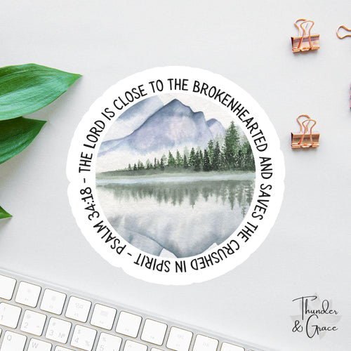 The Lord Is Close to the Brokenhearted sticker, mountain forest lake