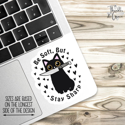 Be Soft But Stay Sharp sticker, black cat with knife – view 3